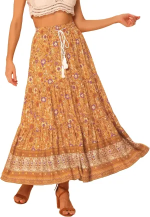 Allegra K Boho Skirt for Women's Casual Peasant Floral Bohemian Tassels Elastic Waist Maxi Skirts