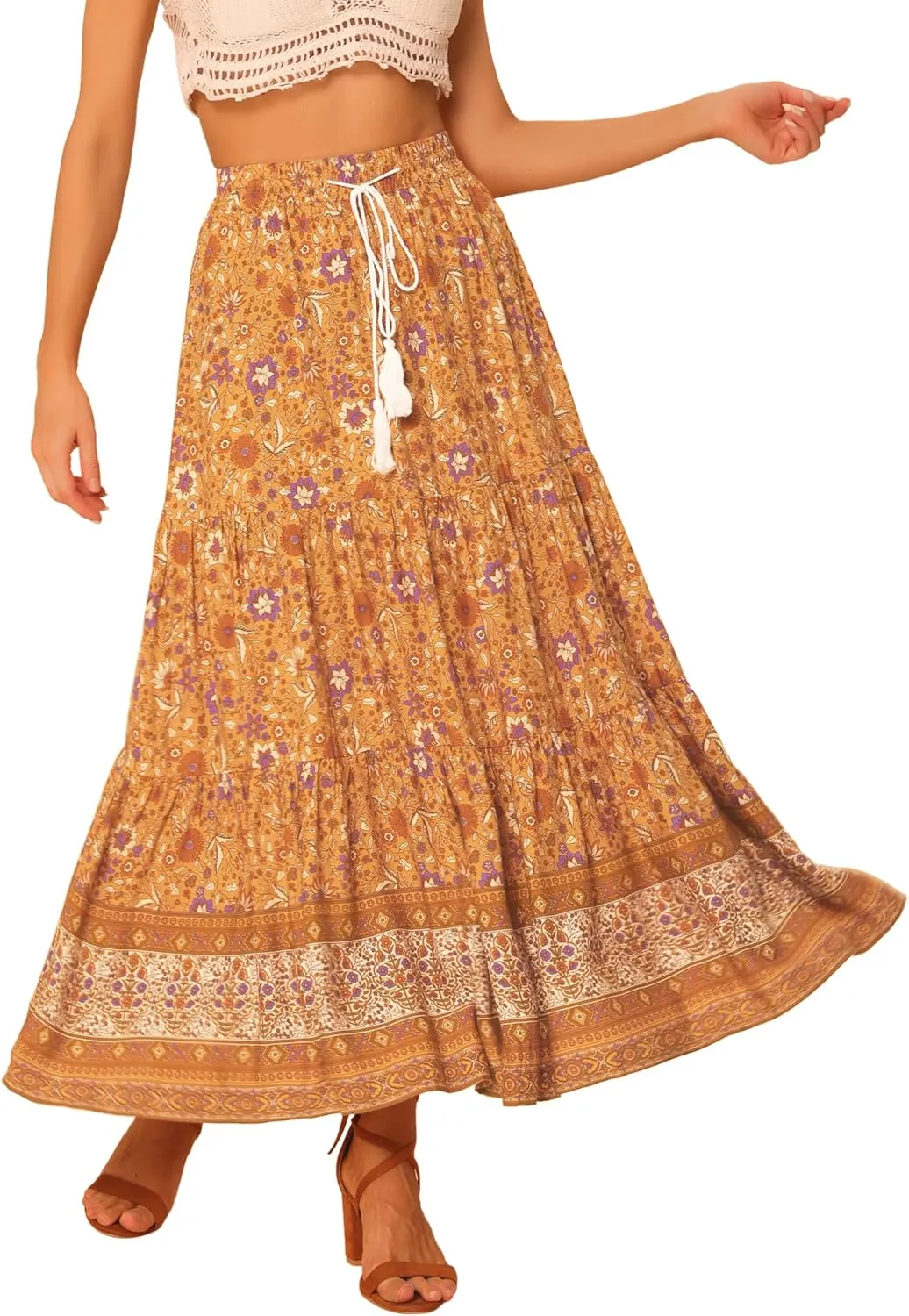 Allegra K Boho Skirt for Women's Casual Peasant Floral Bohemian Tassels Elastic Waist Maxi Skirts