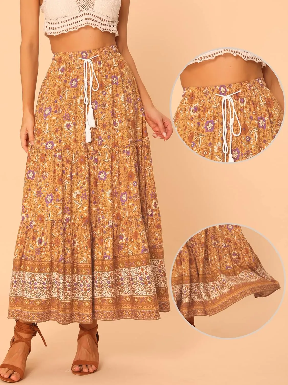 Allegra K Boho Skirt for Women's Casual Peasant Floral Bohemian Tassels Elastic Waist Maxi Skirts