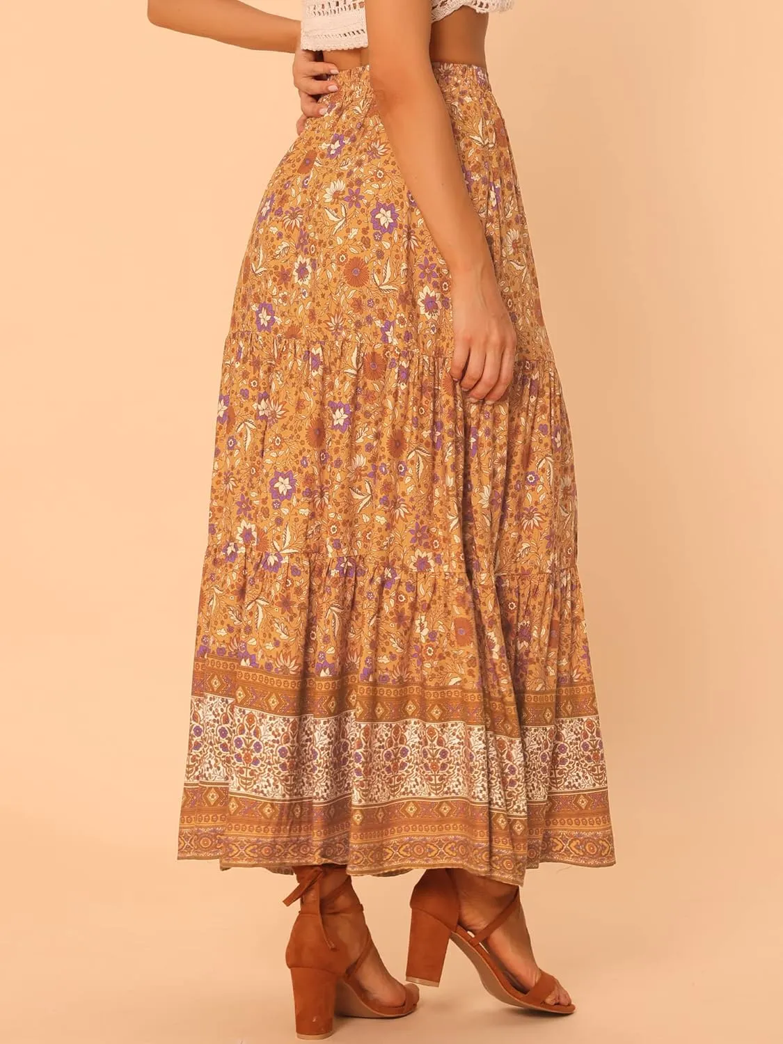 Allegra K Boho Skirt for Women's Casual Peasant Floral Bohemian Tassels Elastic Waist Maxi Skirts