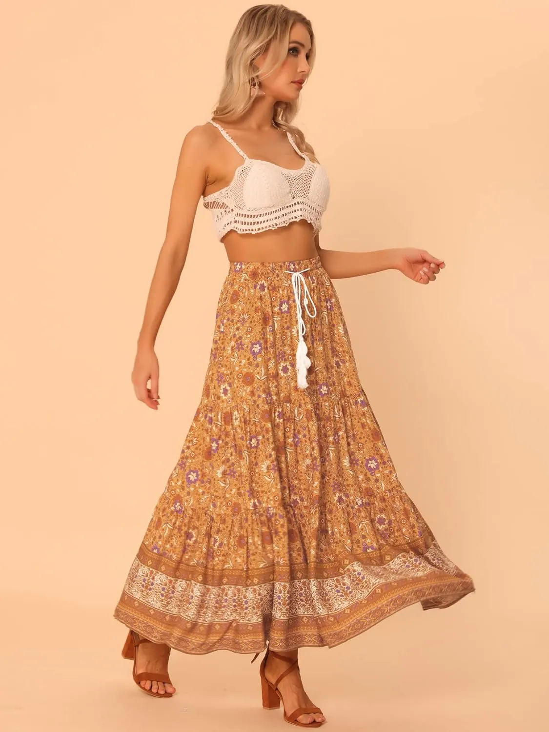 Allegra K Boho Skirt for Women's Casual Peasant Floral Bohemian Tassels Elastic Waist Maxi Skirts