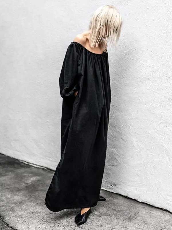 Black Off-Shoulder Loose Long Dress