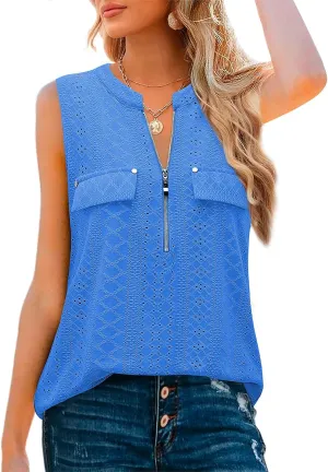 Bulotus Women's V-Neck Casual Tunic Tank Tops Zipper Sleeveless Blouse Shirt