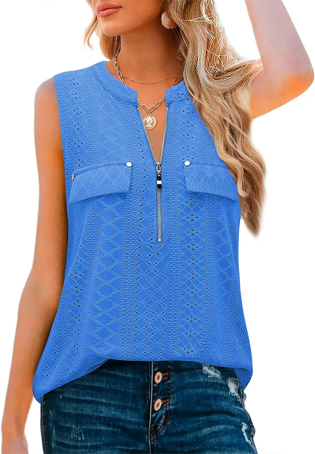 Bulotus Women's V-Neck Casual Tunic Tank Tops Zipper Sleeveless Blouse Shirt