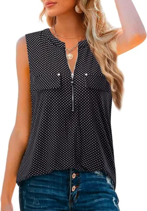 Bulotus Women's V-Neck Casual Tunic Tank Tops Zipper Sleeveless Blouse Shirt