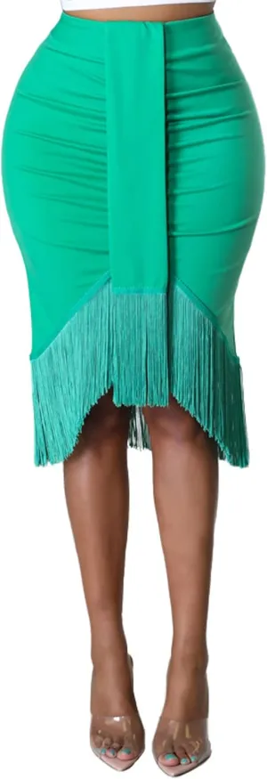 CHARTOU Women Skinny High Waist Tassel Fringe Pencil Skirt Packaged Hip Bodycon Skirt Knee Length
