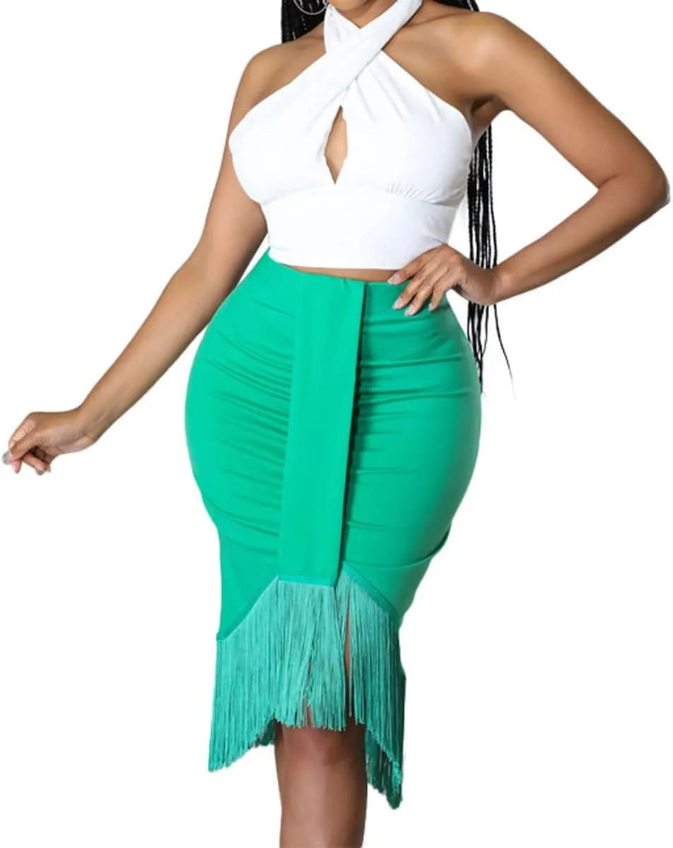 CHARTOU Women Skinny High Waist Tassel Fringe Pencil Skirt Packaged Hip Bodycon Skirt Knee Length