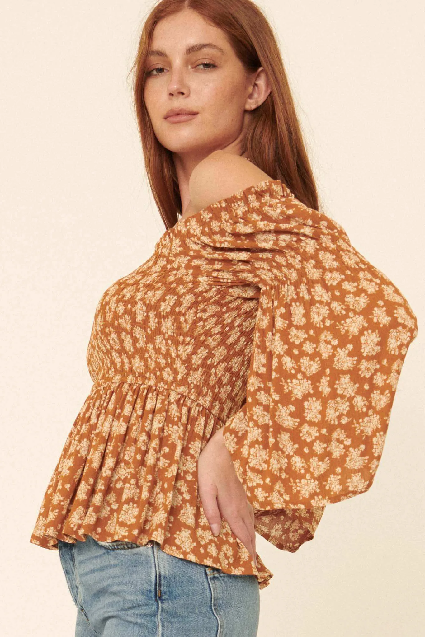 Country Orchard Smocked Floral Off-Shoulder Top