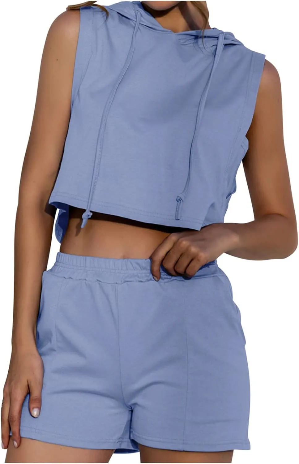 Crop Top Hoodie Outfits for Women Sports 2 Piece Sets Fashion Sleeveless Lounge Hooded Tank Tops and Wide Leg Shorts