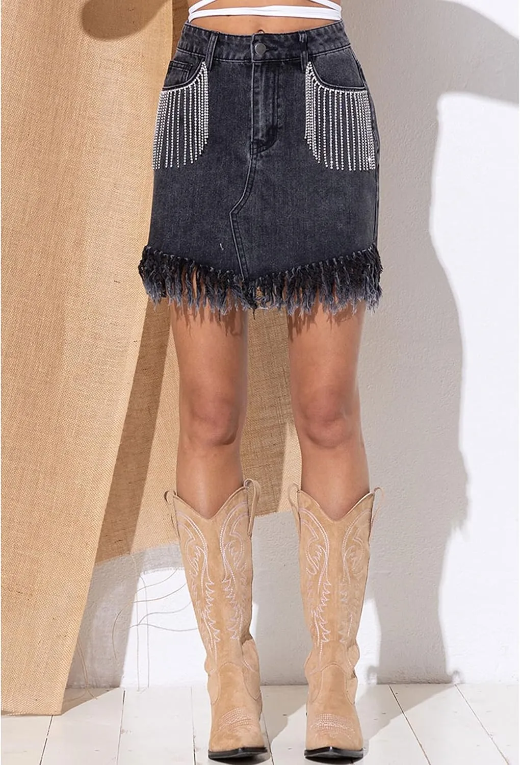 Daacee Sexy Rhinestones Tassel Denim Skirt Summer Frayed Hem Bodycon Jean Mini Dress