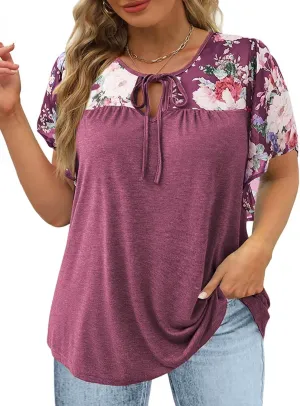 DOLNINE Women's Plus Size Tops Casual Summer Boho Floral Tunics Ruffle Sleeve Crewneck Loose Blouses Shirts