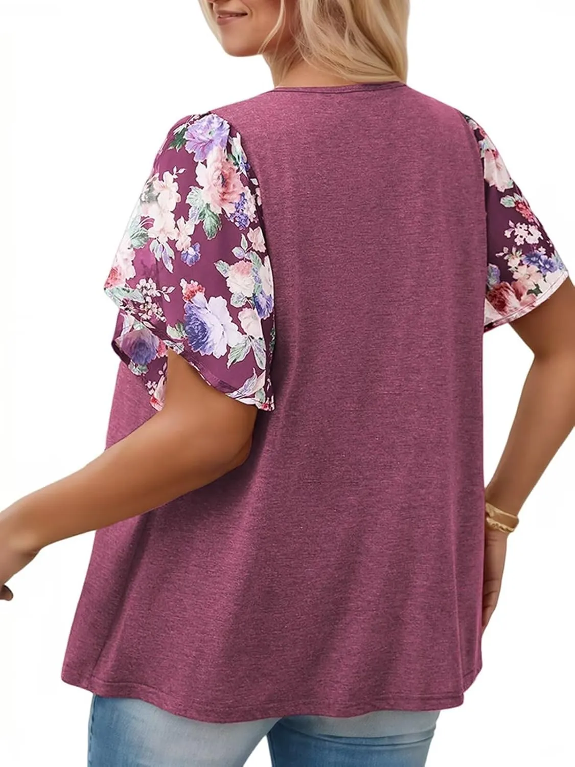 DOLNINE Women's Plus Size Tops Casual Summer Boho Floral Tunics Ruffle Sleeve Crewneck Loose Blouses Shirts
