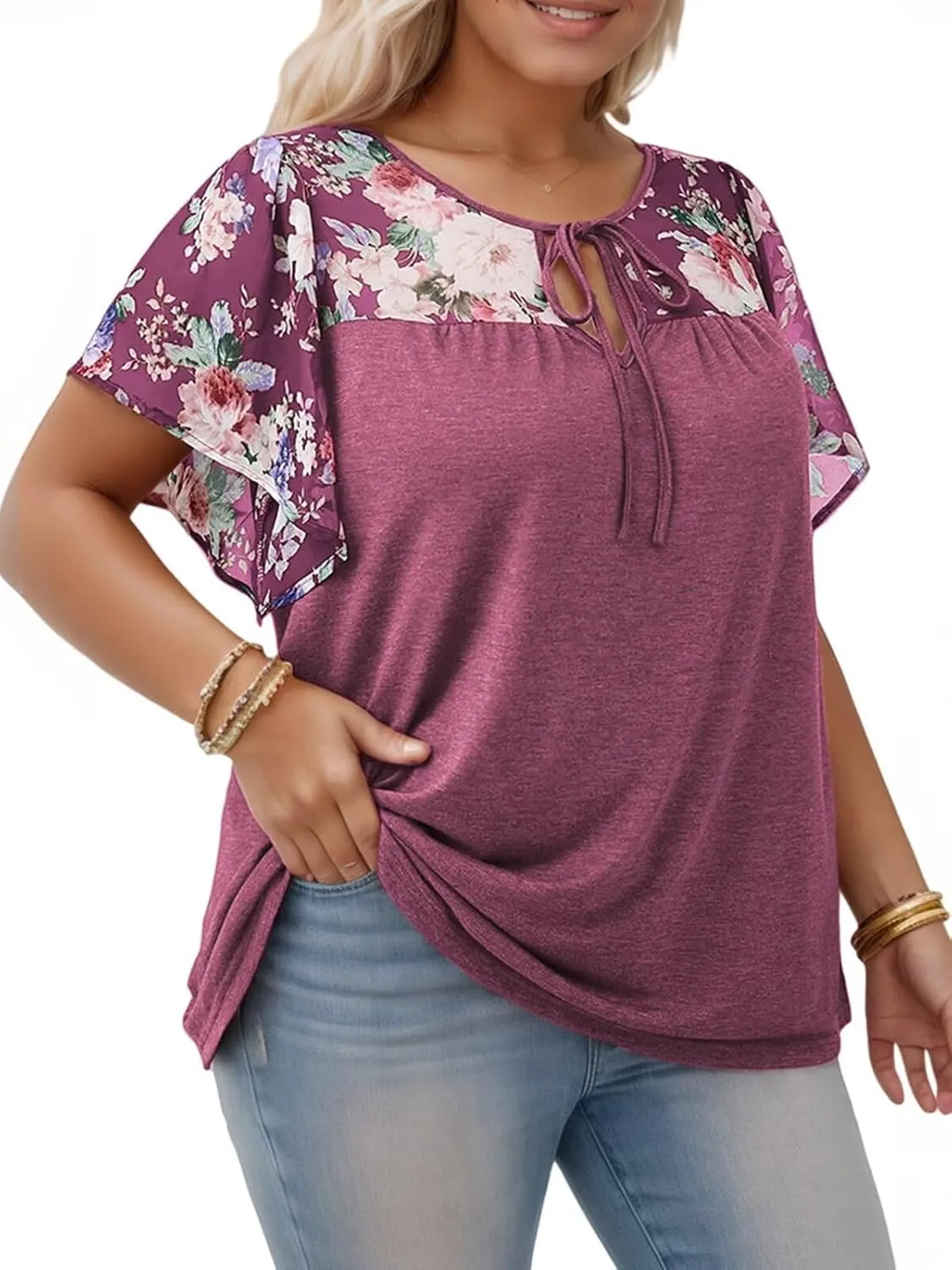 DOLNINE Women's Plus Size Tops Casual Summer Boho Floral Tunics Ruffle Sleeve Crewneck Loose Blouses Shirts