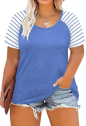 DOLNINE Women's Plus Size Tops Striped Raglan Tee Shirts Casual Tunics Blouses