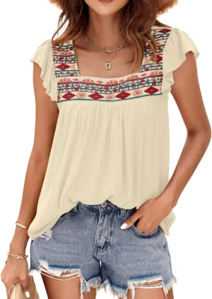 DOROSE Womens Square Neck Embroidered Tops Flowy Babydoll Tops Ruffle Sleeve Boho Peasant Blouses