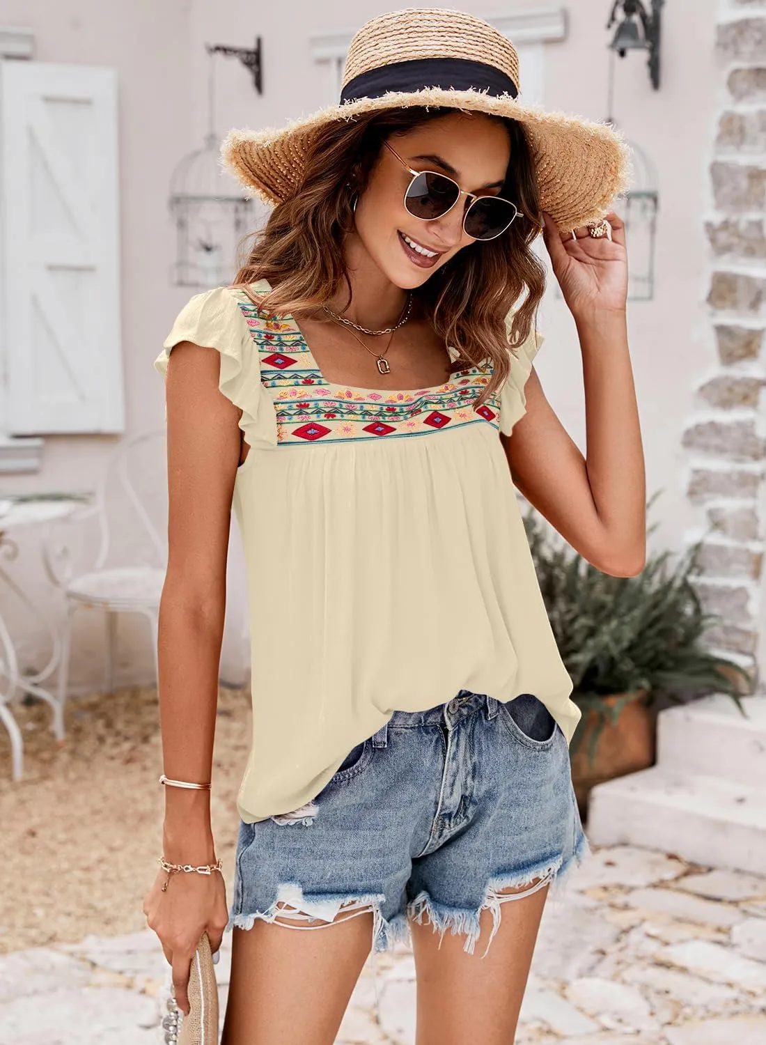 DOROSE Womens Square Neck Embroidered Tops Flowy Babydoll Tops Ruffle Sleeve Boho Peasant Blouses