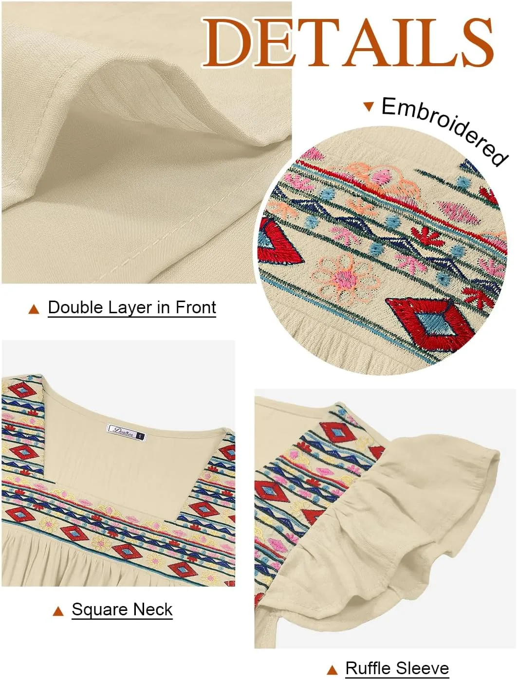 DOROSE Womens Square Neck Embroidered Tops Flowy Babydoll Tops Ruffle Sleeve Boho Peasant Blouses