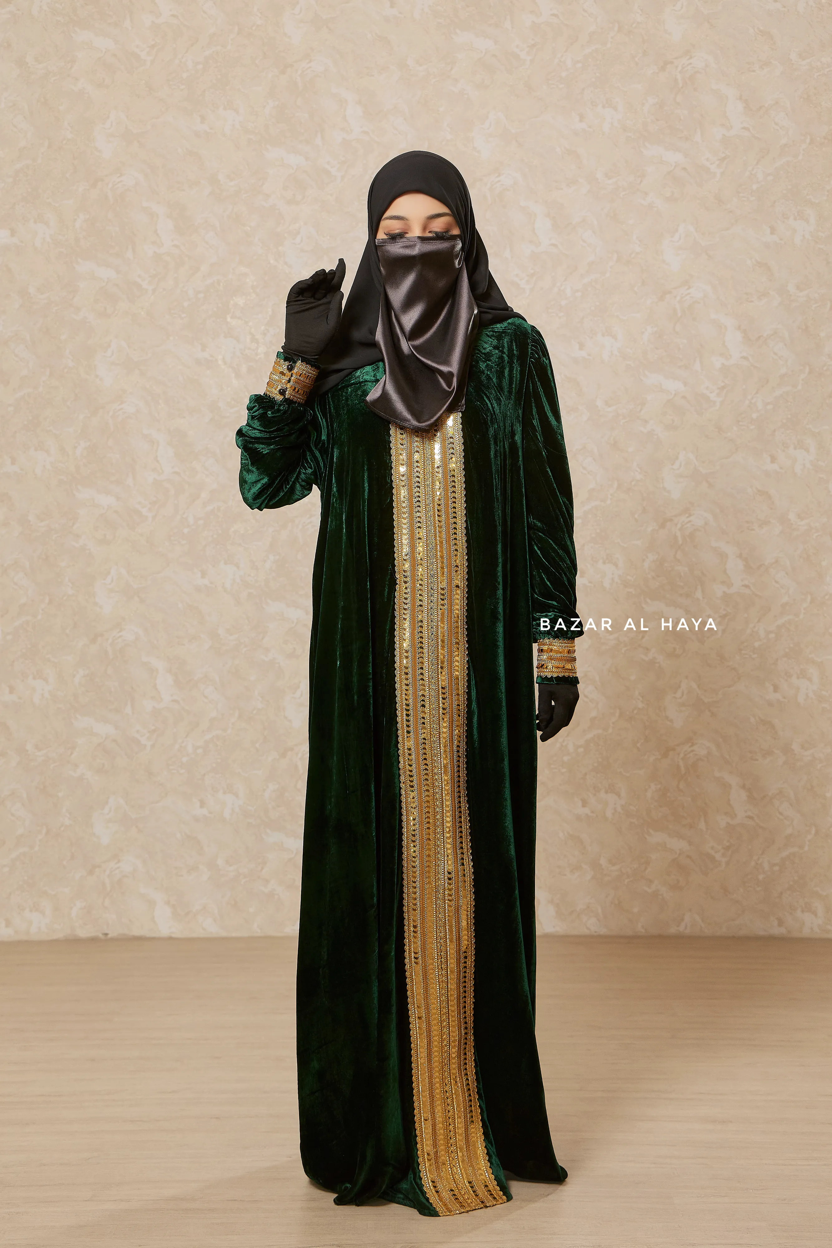 Emerald Green Irfah Luxurious Plush Pombarch Kaftan - Abaya Dress With Belt
