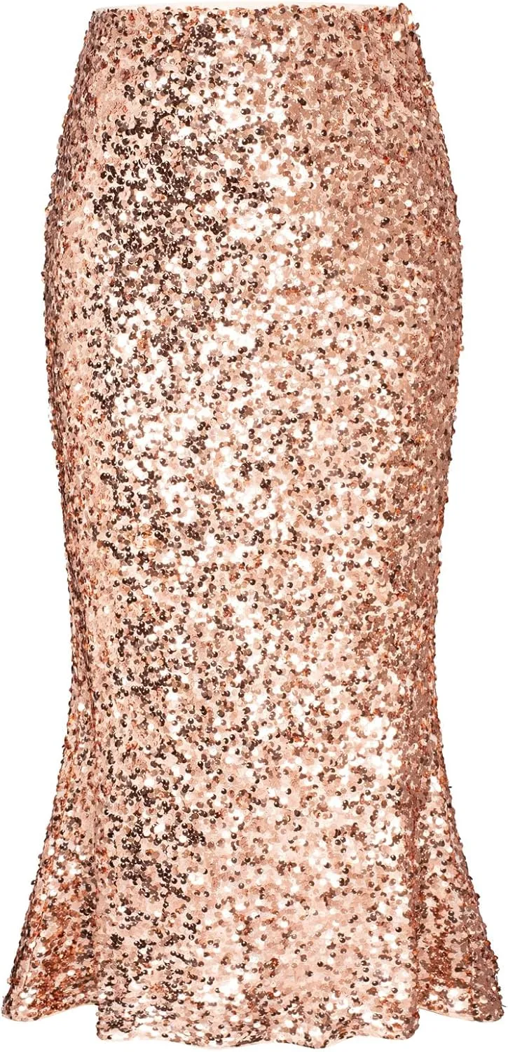 GRACE KARIN Women's Sequin Skirt Elastic High Waist Ruffled Hem Night Out Party Bodycon Midi Skirt