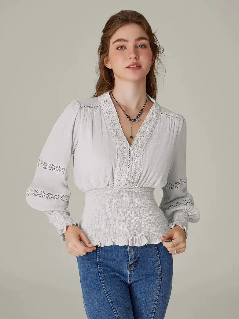 Hollow out Smocked Waist V-Neck Cotton Pullover Tops