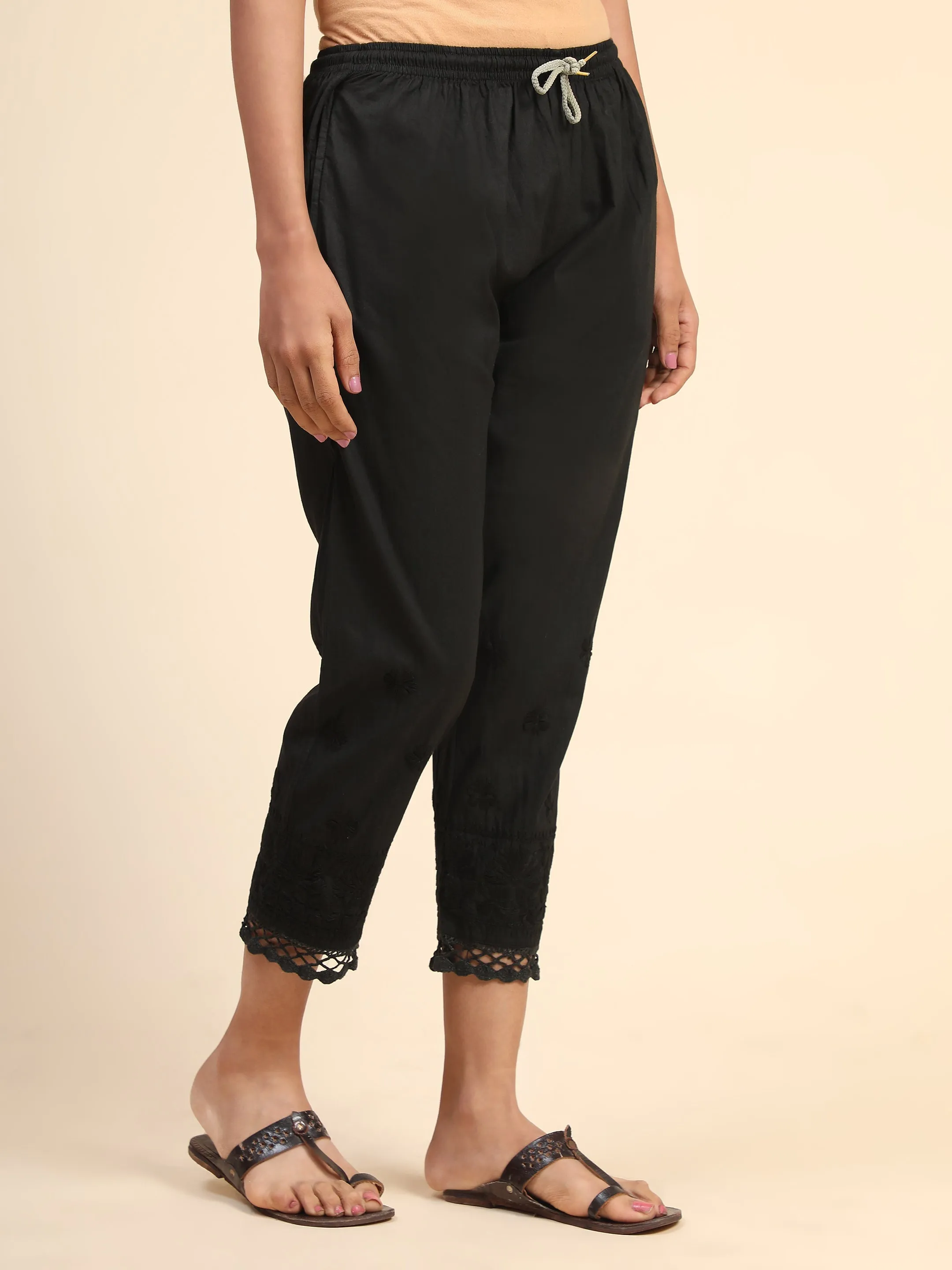 House Of Kari Chikankari Embroidered Cotton Black Relaxed Pants-11