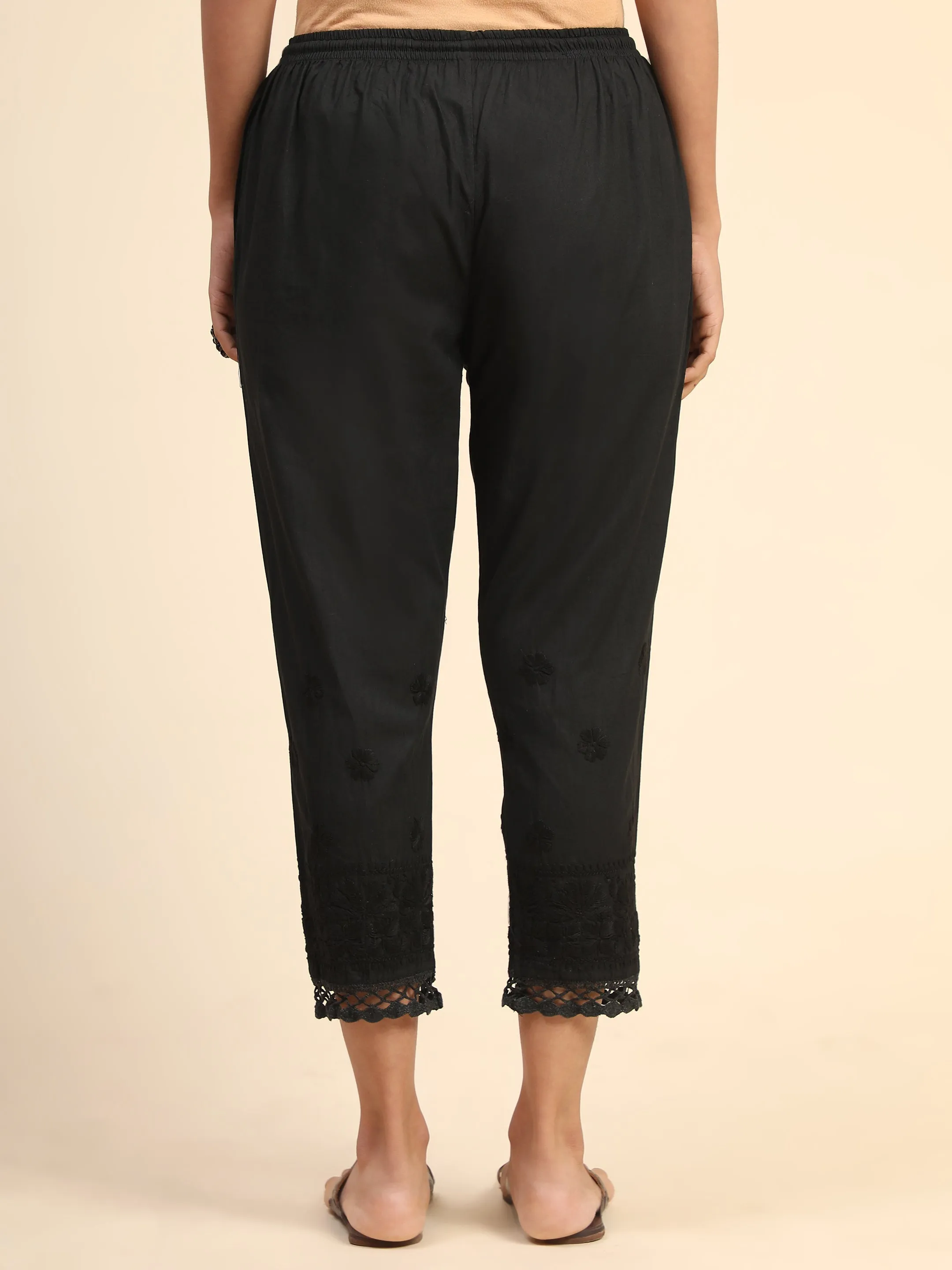 House Of Kari Chikankari Embroidered Cotton Black Relaxed Pants-11