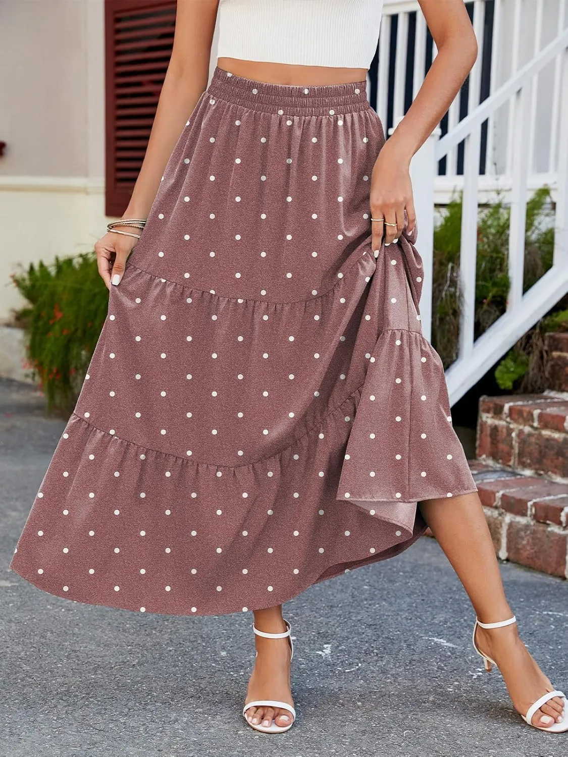 HUSKARY Women Summer Midi Skirt Casual Elastic High Waist Pleated A-Line Flowy Swing Tiered Beach Vacation Skirts