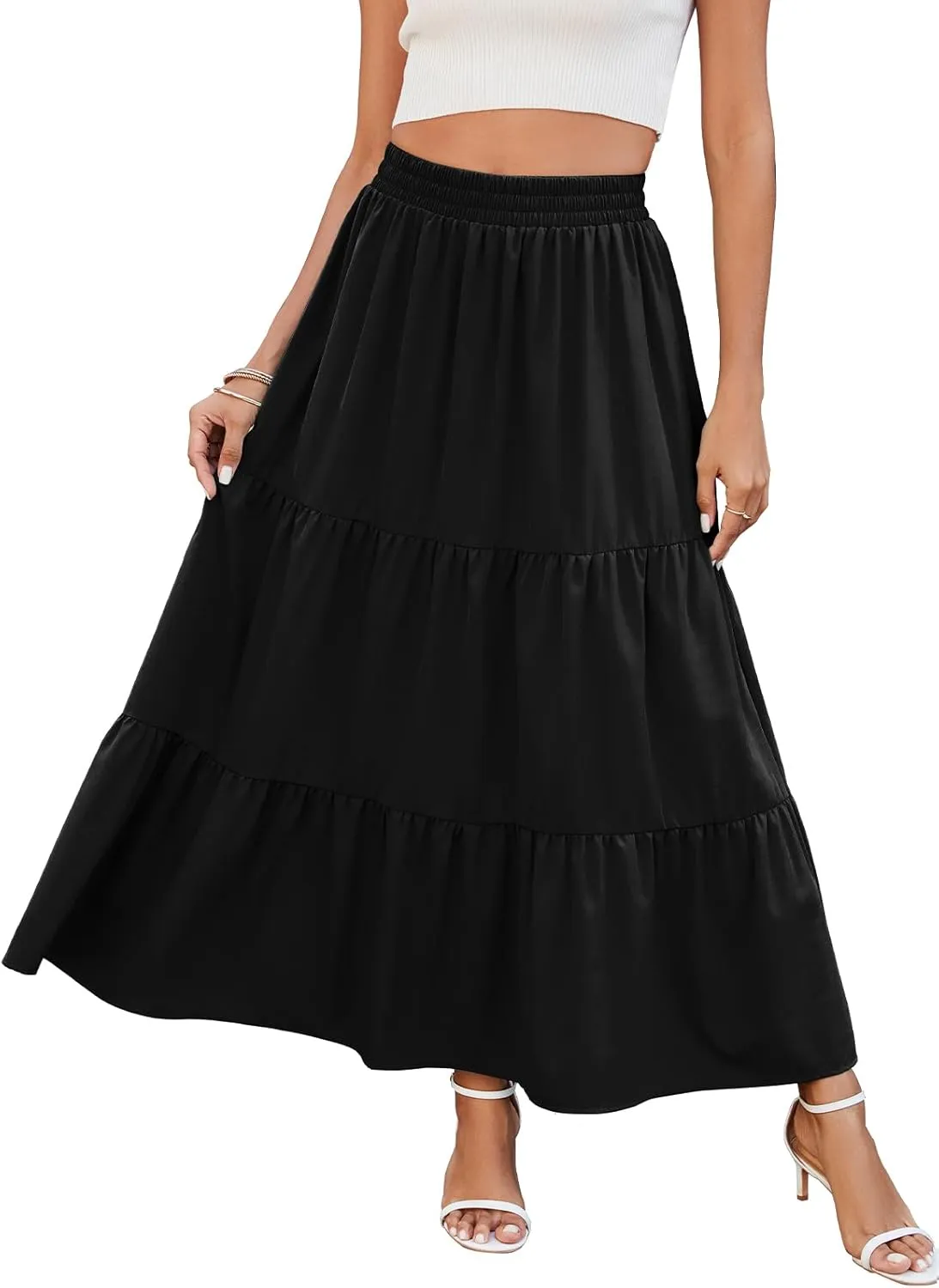 HUSKARY Women Summer Midi Skirt Casual Elastic High Waist Pleated A-Line Flowy Swing Tiered Beach Vacation Skirts