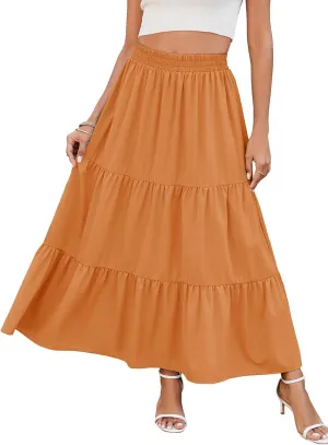 HUSKARY Women Summer Midi Skirt Casual Elastic High Waist Pleated A-Line Flowy Swing Tiered Beach Vacation Skirts