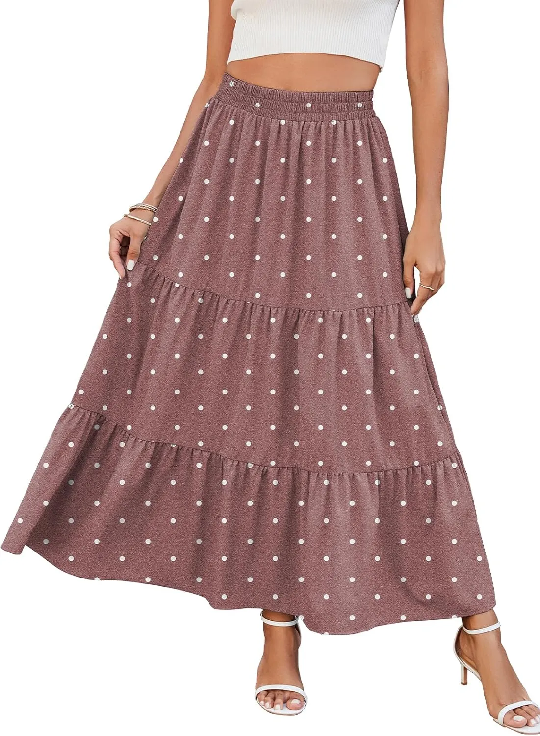 HUSKARY Women Summer Midi Skirt Casual Elastic High Waist Pleated A-Line Flowy Swing Tiered Beach Vacation Skirts
