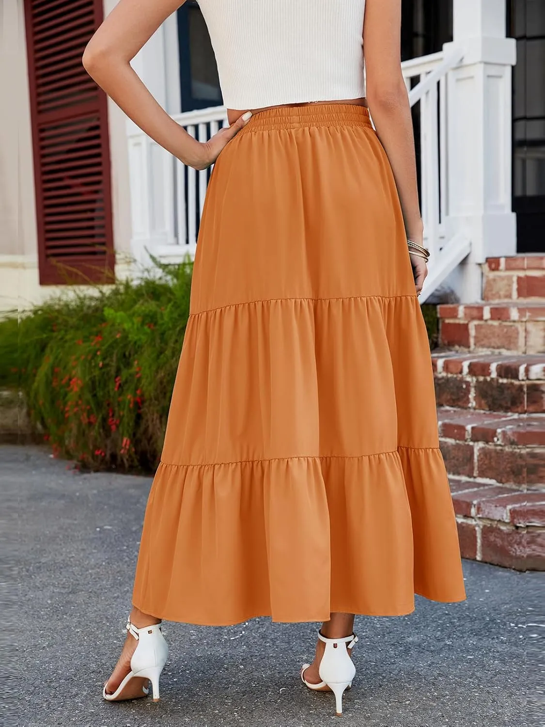 HUSKARY Women Summer Midi Skirt Casual Elastic High Waist Pleated A-Line Flowy Swing Tiered Beach Vacation Skirts