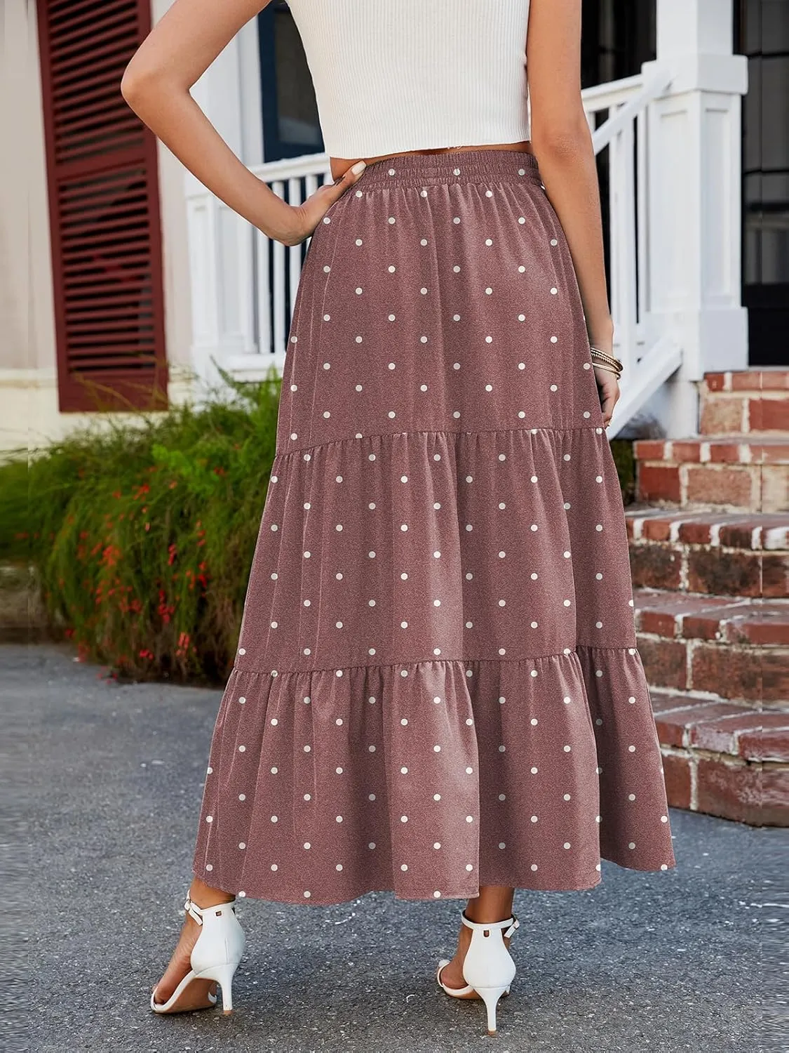 HUSKARY Women Summer Midi Skirt Casual Elastic High Waist Pleated A-Line Flowy Swing Tiered Beach Vacation Skirts