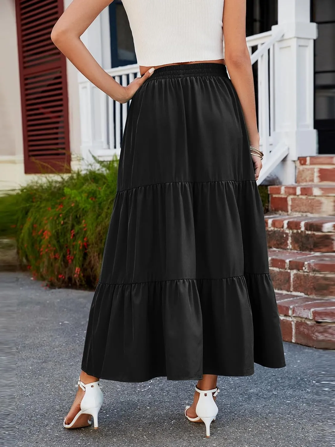 HUSKARY Women Summer Midi Skirt Casual Elastic High Waist Pleated A-Line Flowy Swing Tiered Beach Vacation Skirts