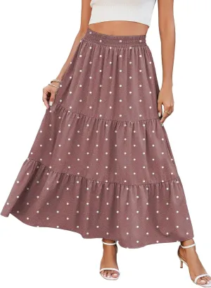 HUSKARY Women Summer Midi Skirt Casual Elastic High Waist Pleated A-Line Flowy Swing Tiered Beach Vacation Skirts