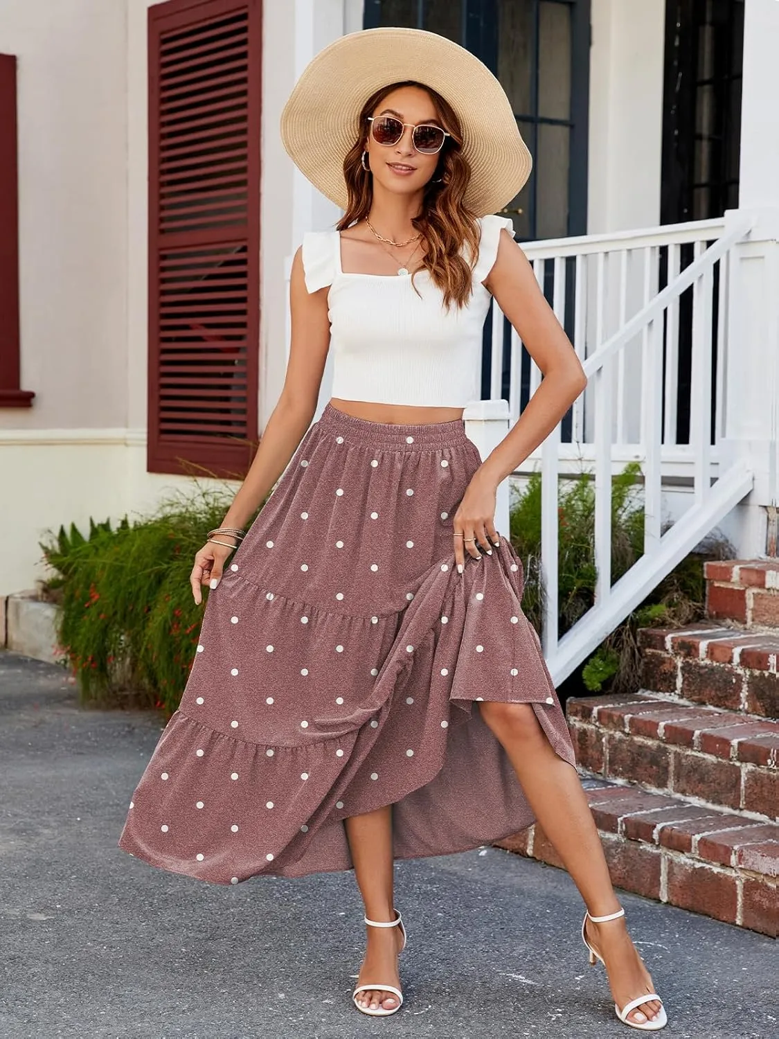 HUSKARY Women Summer Midi Skirt Casual Elastic High Waist Pleated A-Line Flowy Swing Tiered Beach Vacation Skirts