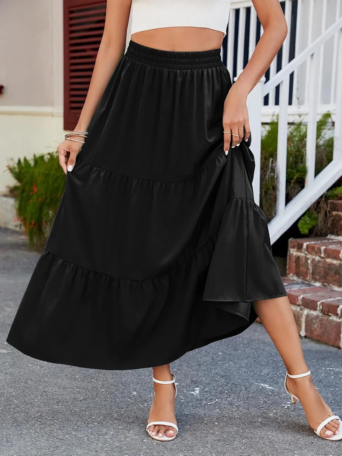 HUSKARY Women Summer Midi Skirt Casual Elastic High Waist Pleated A-Line Flowy Swing Tiered Beach Vacation Skirts