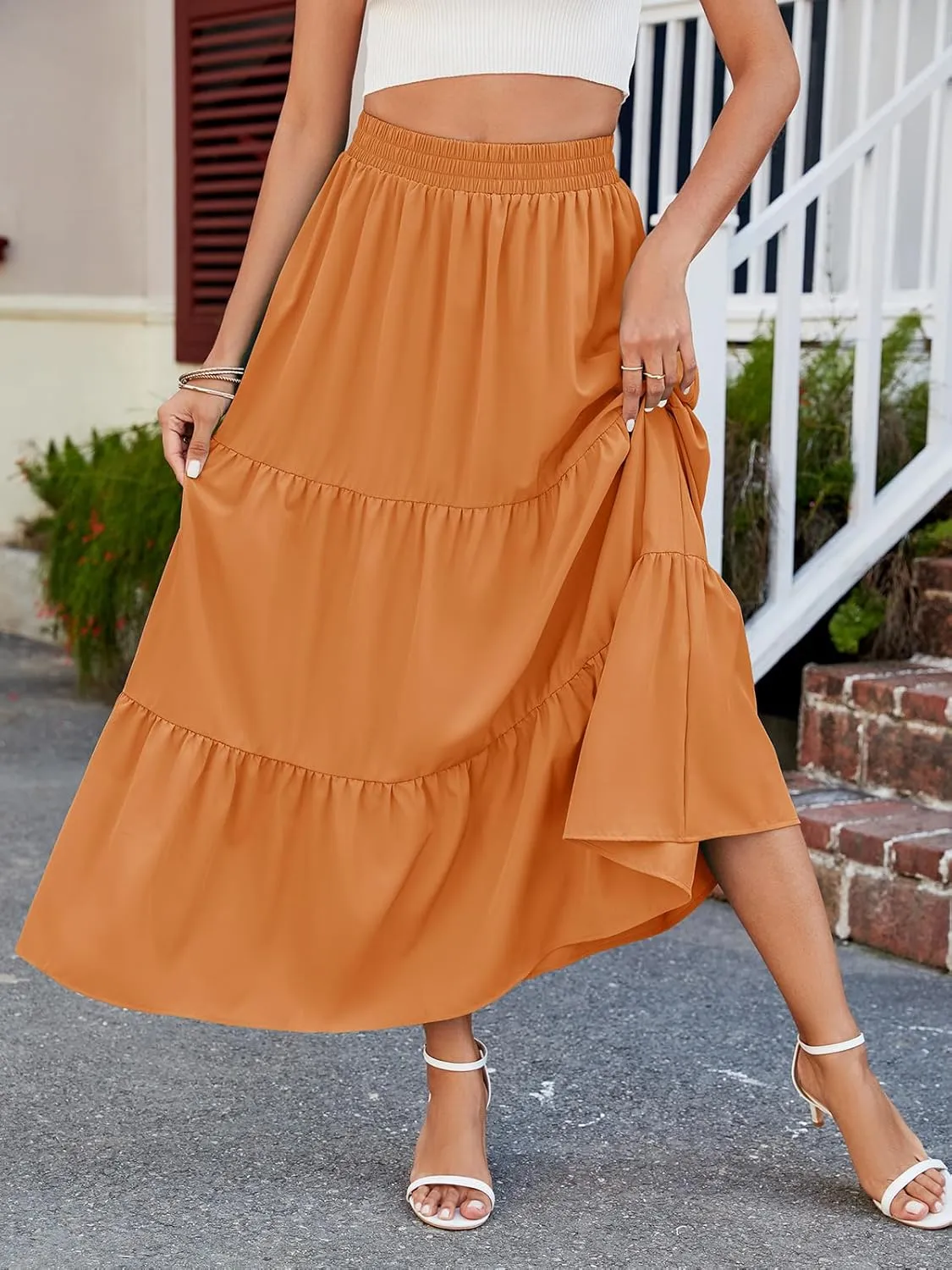 HUSKARY Women Summer Midi Skirt Casual Elastic High Waist Pleated A-Line Flowy Swing Tiered Beach Vacation Skirts
