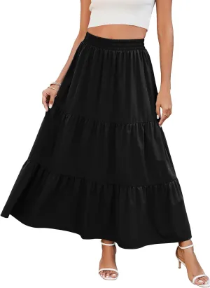 HUSKARY Women Summer Midi Skirt Casual Elastic High Waist Pleated A-Line Flowy Swing Tiered Beach Vacation Skirts