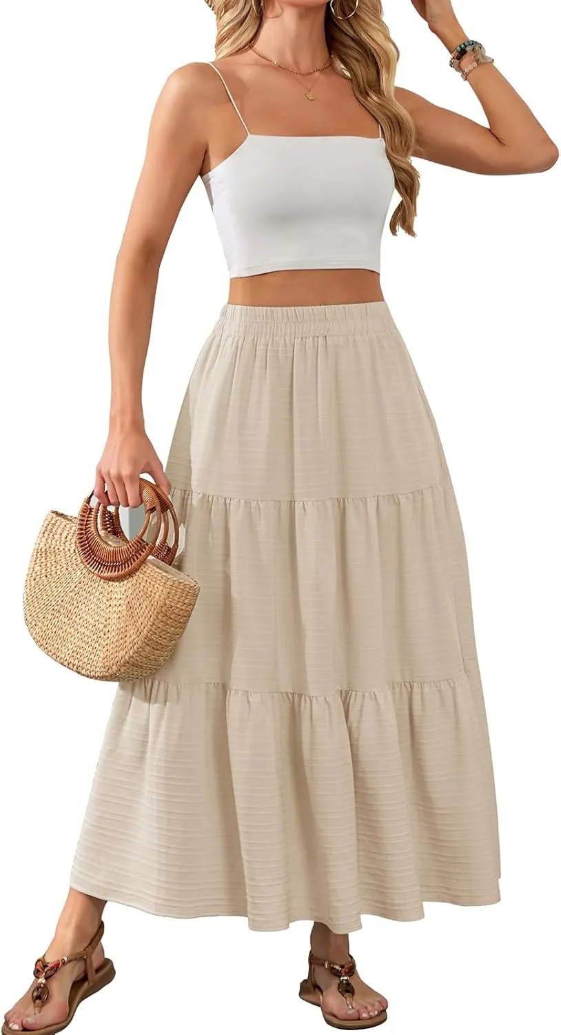 HUSKARY Women's Summer Casual Elegant Smock Layered Tiered Maxi Skirt High Waisted A Line Flowy Long Skirts with Pockets