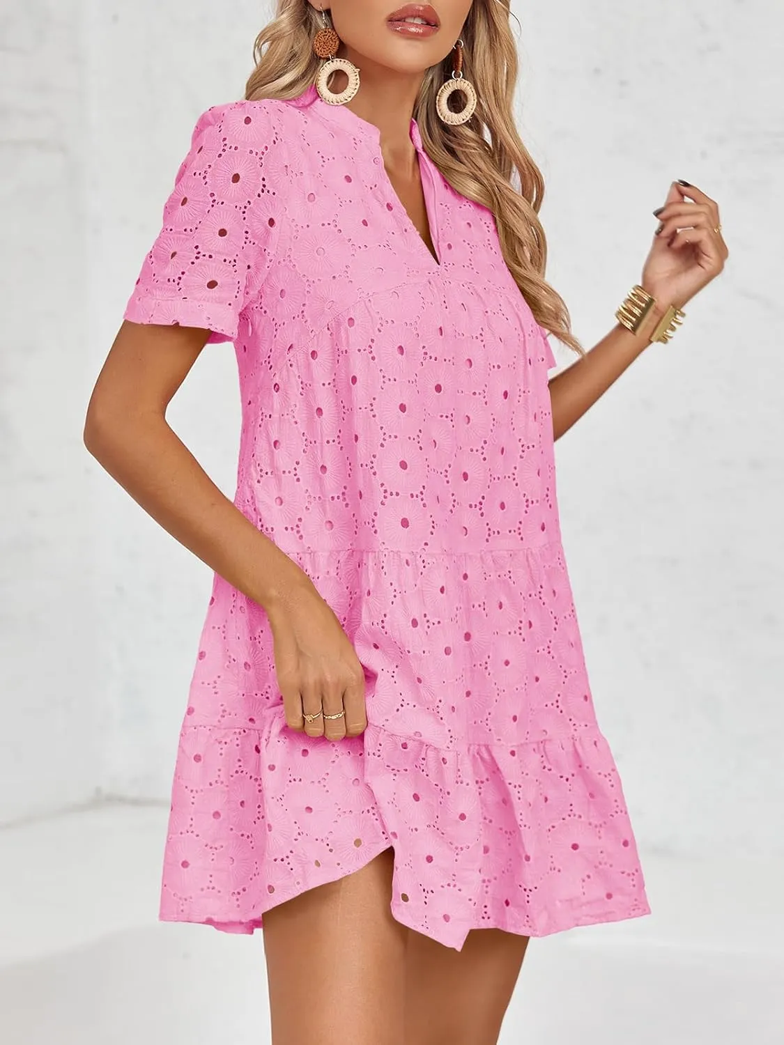 Imily Bela Womens Summer Lace Dresses Eyelet Casual Flowy Babydoll Swing Short Sleeve V Neck Tunic Dress