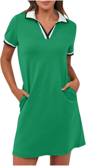 JOAU Women's Polo Dresses Color Block Short Sleeve V Neck 2025 Casual Summer Tennis Golf Mini T-Shirt Dress with Pockets