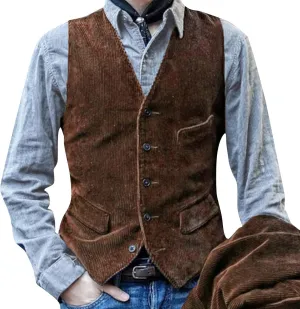 Mens Corduroy Suit Vest Slim Fit V Neck Button Down Vintage Waistcoat Western Cowboy Sleeveless Jackets Party Wedding