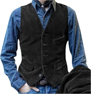 Mens Corduroy Suit Vest Slim Fit V Neck Button Down Vintage Waistcoat Western Cowboy Sleeveless Jackets Party Wedding