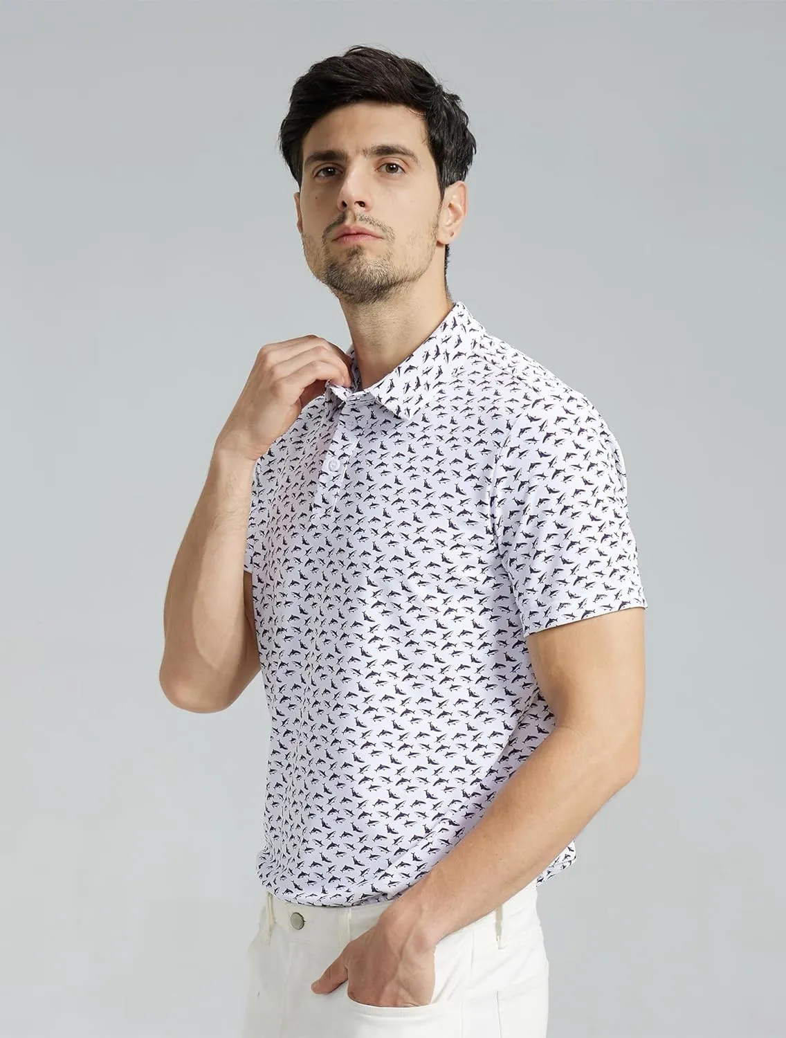 Mens High Stretch Golf Polo Shirts Dry Fit Short Sleeve Printed Striped Shirts