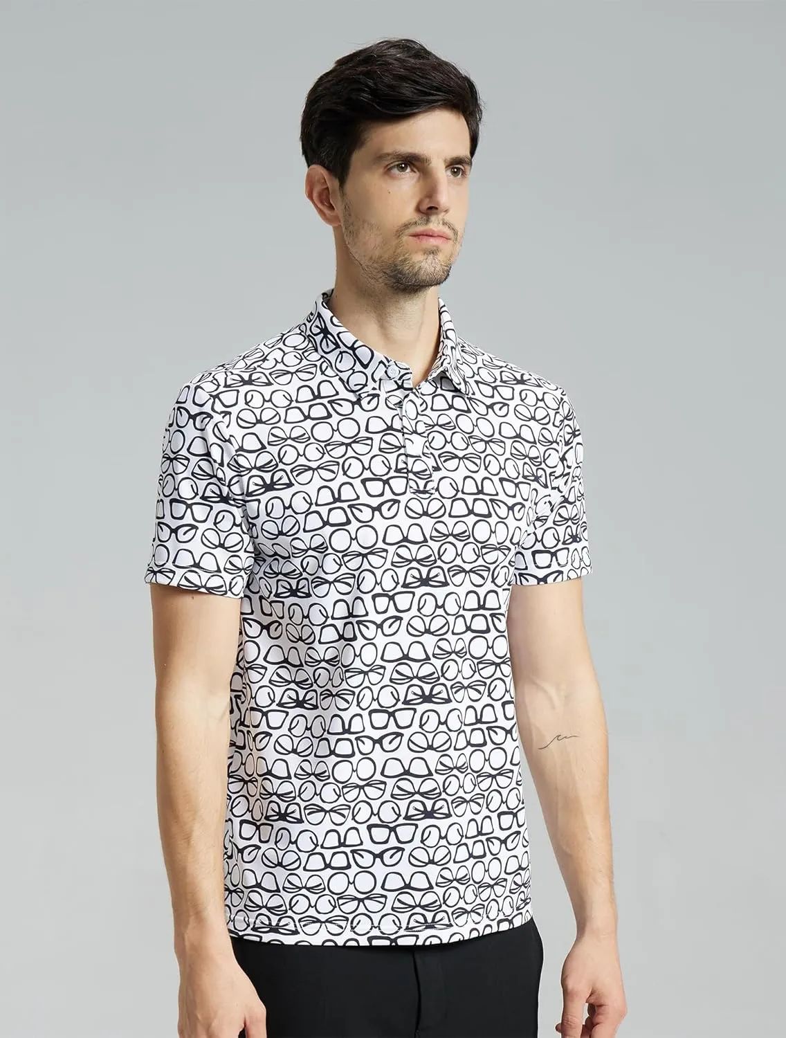 Mens High Stretch Golf Polo Shirts Dry Fit Short Sleeve Printed Striped Shirts