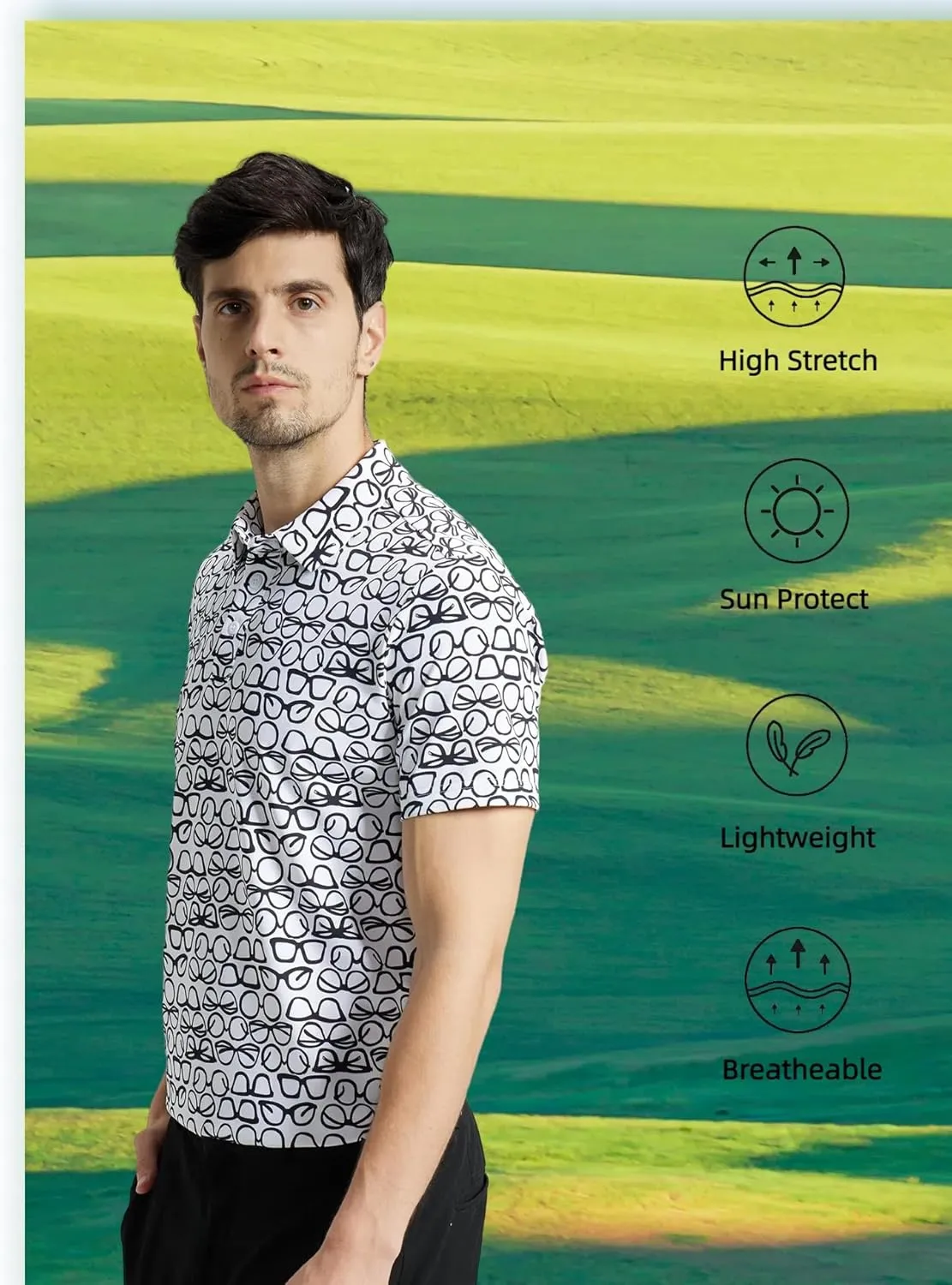 Mens High Stretch Golf Polo Shirts Dry Fit Short Sleeve Printed Striped Shirts