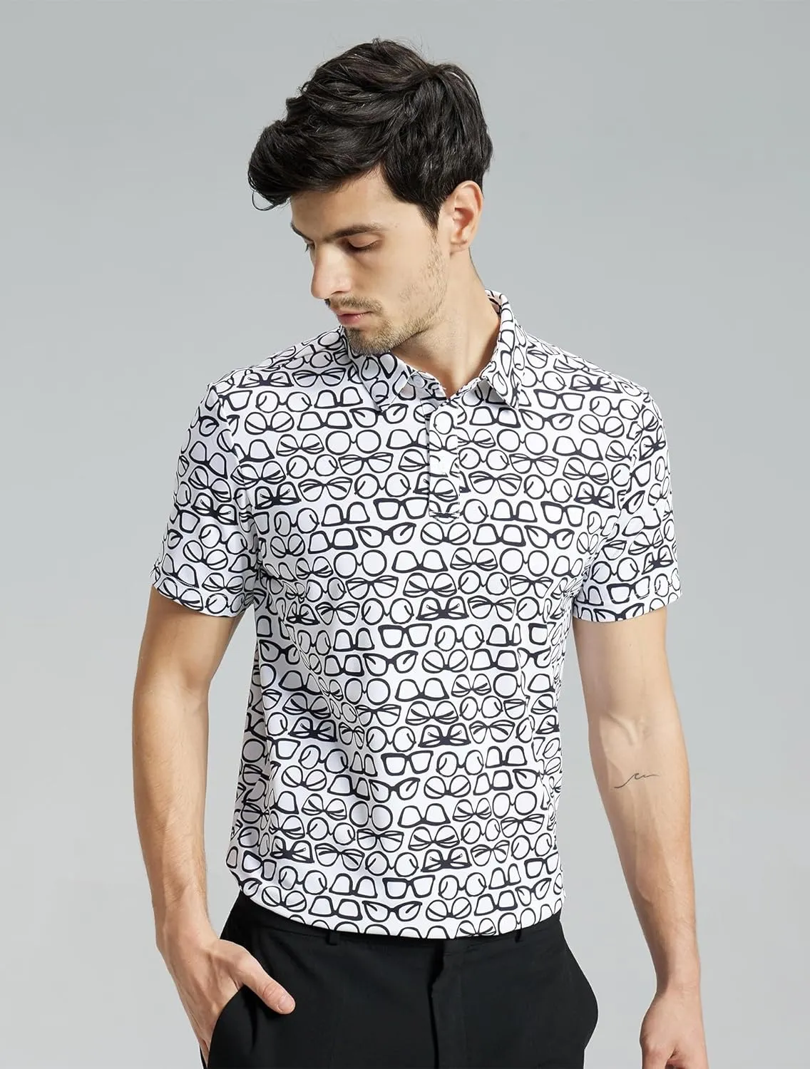 Mens High Stretch Golf Polo Shirts Dry Fit Short Sleeve Printed Striped Shirts