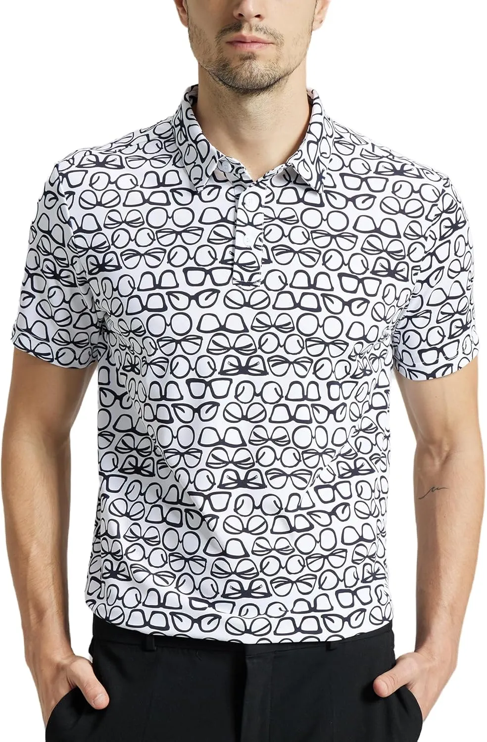 Mens High Stretch Golf Polo Shirts Dry Fit Short Sleeve Printed Striped Shirts