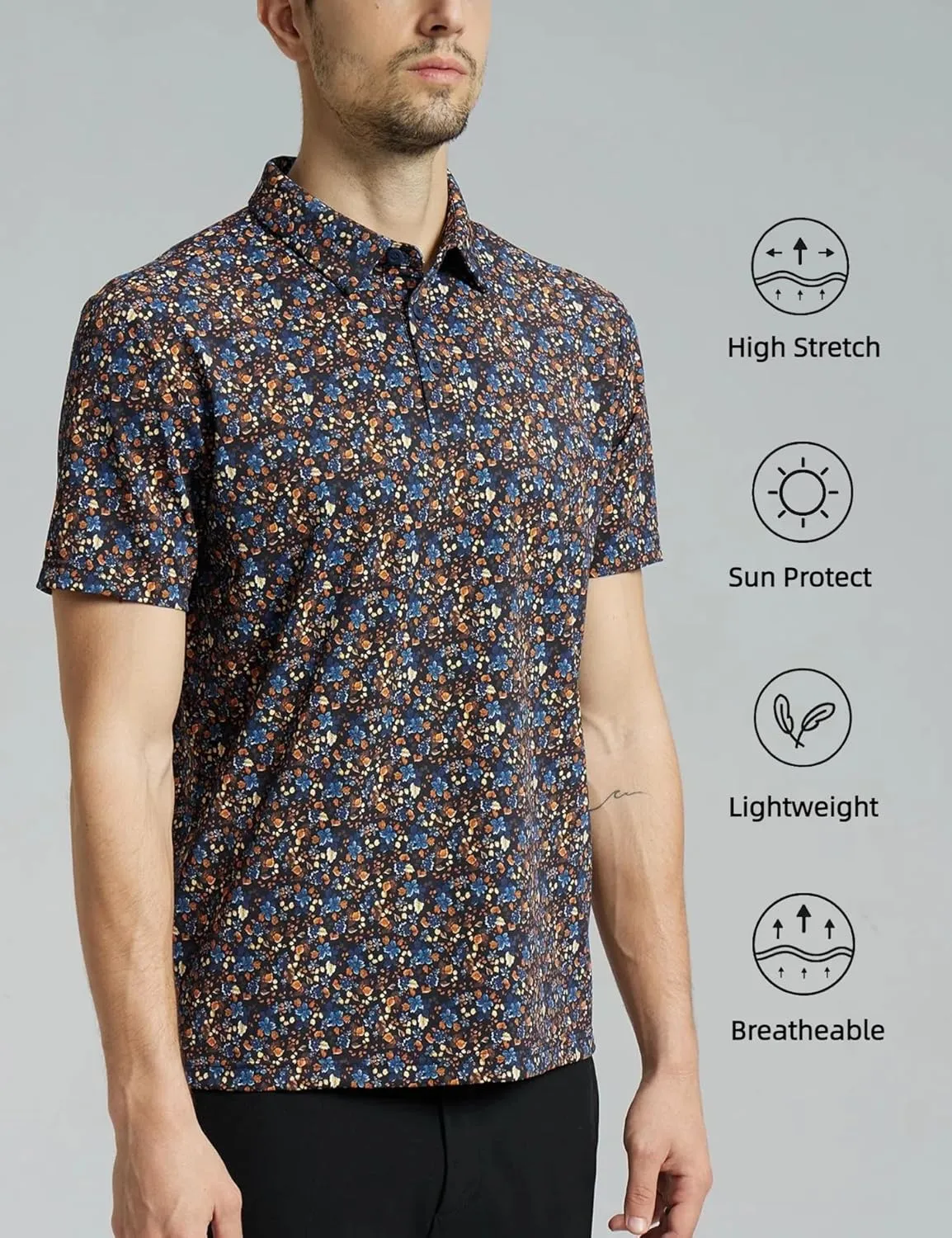 Mens High Stretch Golf Polo Shirts Dry Fit Short Sleeve Printed Striped Shirts
