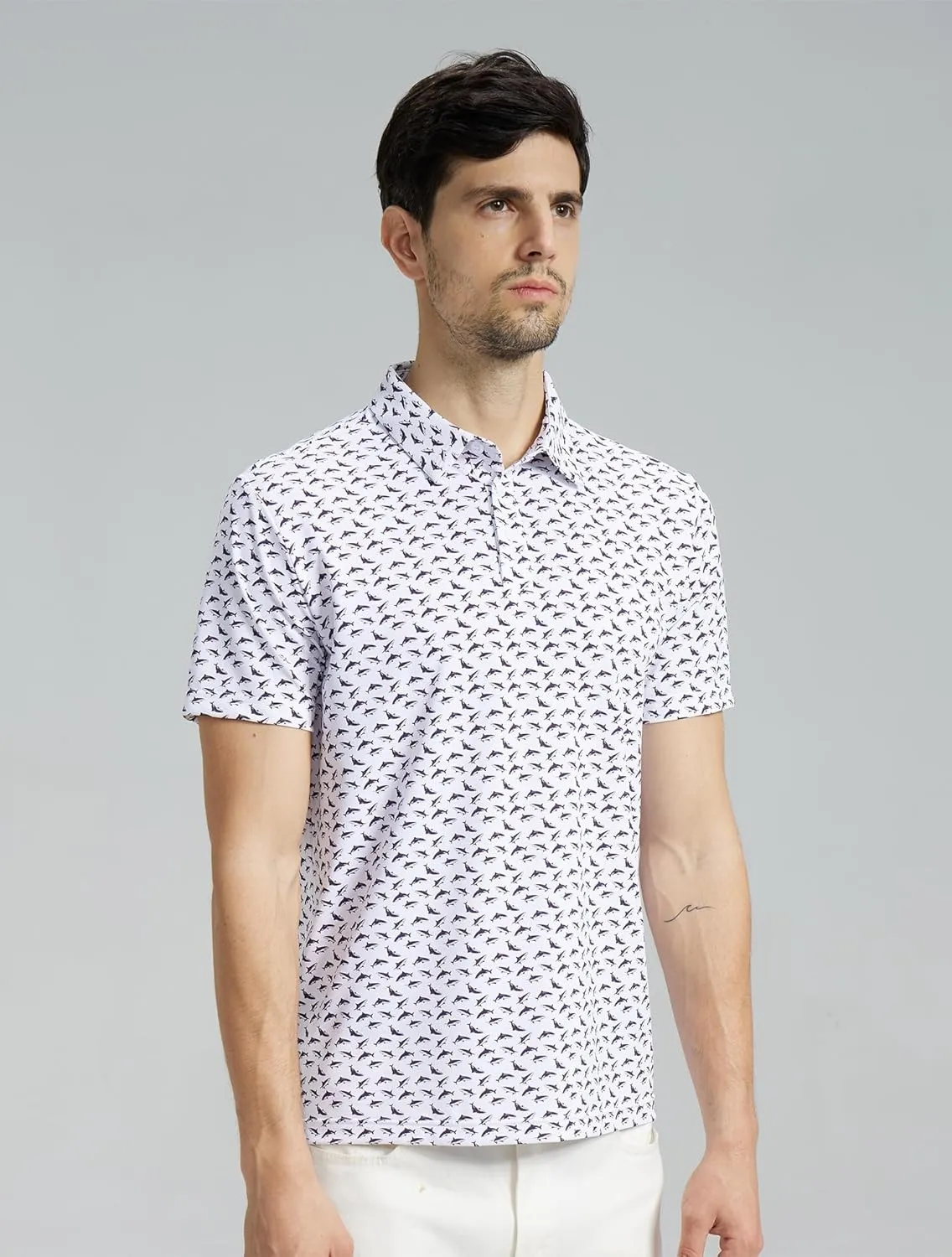 Mens High Stretch Golf Polo Shirts Dry Fit Short Sleeve Printed Striped Shirts